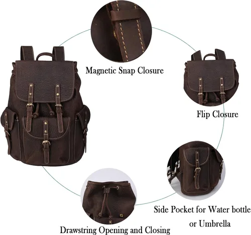 Vista 4 de Mochila retro de cuero genuino para hombre, adecuada para portátiles de 16 pulgadas, para viajes de negocios, mochila diaria, Gris, Mochilas de viaje