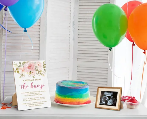 Vista 4 de Baby Shower Games a Message from The Bump - Cartel de juego para baby shower, 8 x 11 pulgadas, letrero de juego de madera floral, decoración de mesa