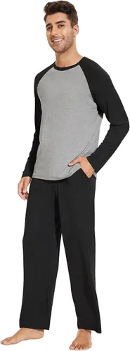 Vista 3 de WiWi Conjunto de pijama de bambú de manga larga para hombre, ropa de dormir de punto cómoda de 2 piezas, conjuntos de ropa de descanso