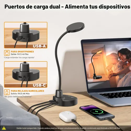 Vista 4 de Lámpara de escritorio LED de 15W con puertos de carga USB – Lámpara de mesa regulable con 3 temperaturas de color, 5 niveles de brillo, 4