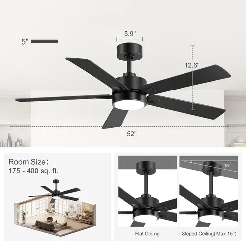 Vista 8 de Ceiling Fans with LED Lights, 52 Inch 5-Blade Ceiling Fan Remote/APP Control, Industrial Ceiling Fan with Reversible DC Motor, Downrod Mount LED