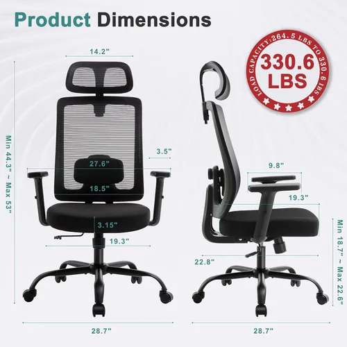 Vista 3 de Shintenchi Silla de oficina de malla, silla ergonómica de escritorio de oficina en casa con soporte lumbar ajustable, reposacabezas, inclinación