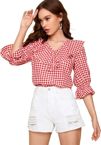 Vista 4 de Romwe Blusa elegante con volantes y cuello en V para mujer