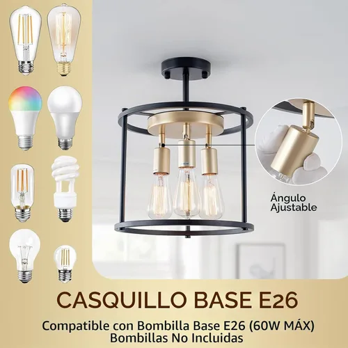 Vista 6 de Lámpara de techo industrial semiempotrada, lámpara de techo negra vintage de 3 luces con enchufe ajustable, lámpara rústica de metal para cocina