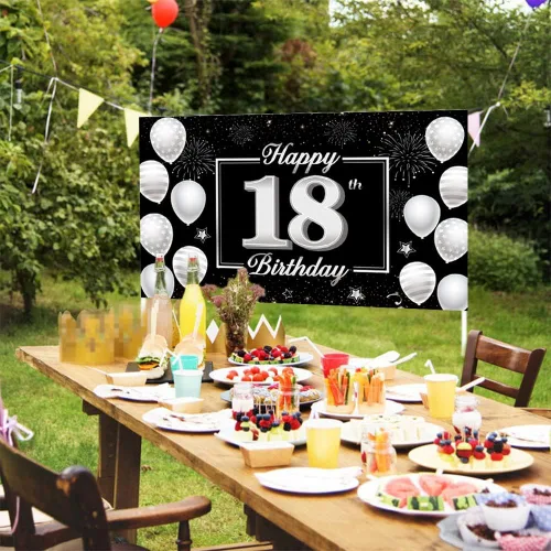 Vista 5 de Cartel de fondo de cumpleaños número 18, decoración de fiesta plateada y negra para niños y niñas, fondo de cabina de fotos