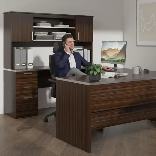 Vista 4 de Bestar Ridgeley - Escritorio ejecutivo en forma de U con pedestal y gabinete, 65 W, chocolate oscuro