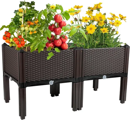 Vista 9 de Jardineras elevadas para plantas al aire libre con patas, jardineras rectangulares elevadas, jardín, patio, balcón, terraza para plantar flores