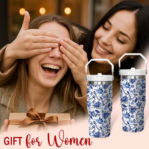 Vista 5 de Taza de 30 onzas con diseño floral – Taza de viaje aislada de acero inoxidable azul y blanca – Elegante taza de café con asa y tapa – Regalo