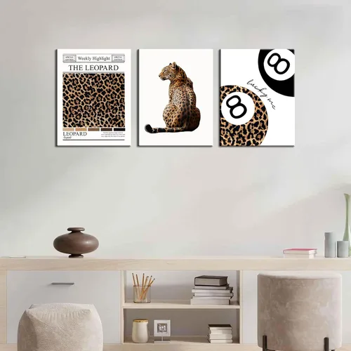 Vista 6 de Conjunto de 3 modernos pósteres de pared de leopardo en lona con bola de la suerte número 8, arte de pared elegante, decoraciones de pared