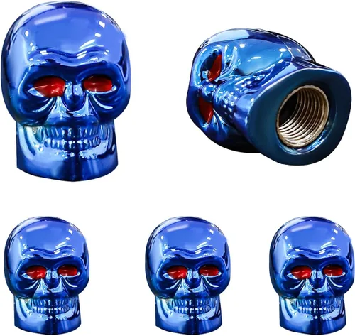 Vista 11 de Dickno 5 tapas de vástago de válvula de neumático estilo calavera con anillo de goma, cubierta de tapones de aire de auto con ojos rojos, tapas