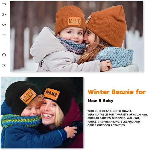 Vista 5 de Gorro para padres e hijos,Madre y bebé hija/hijo gorro de punto cálido de invierno,Gorro suave para niños