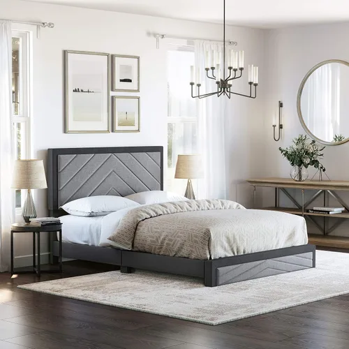 Vista 16 de Beaumont - Cama de plataforma tapizada con cabecero, base de colchón con 14 soportes de listones de madera, no requiere somier, piel sintética