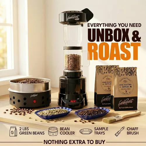 Vista 7 de Fresh Roast SR800 - Paquete de tostador de café – Incluye tubo de extensión de vidrio, enfriador de granos de café, granos de café verdes, bandejas