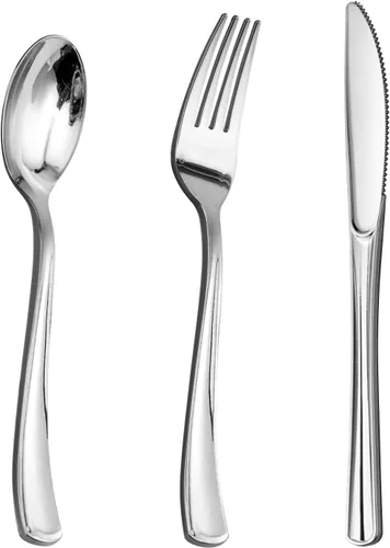 Vista 10 de Goodluck 150 cubiertos de plástico dorados, utensilios dorados desechables, juego de 50 tenedores, 50 cucharas, 50 cuchillos para bodas, fiestas