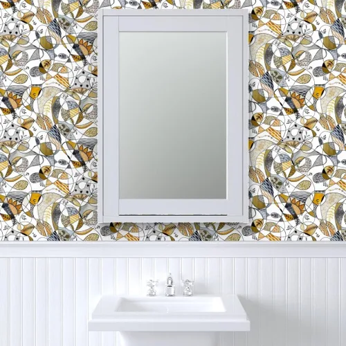 Vista 9 de Muestra de papel tapiz extraíble - Línea Gris Amarillo Grande Negro Blanco Hojas Círculos Puntos Papel pintado personalizado pre-pegado por