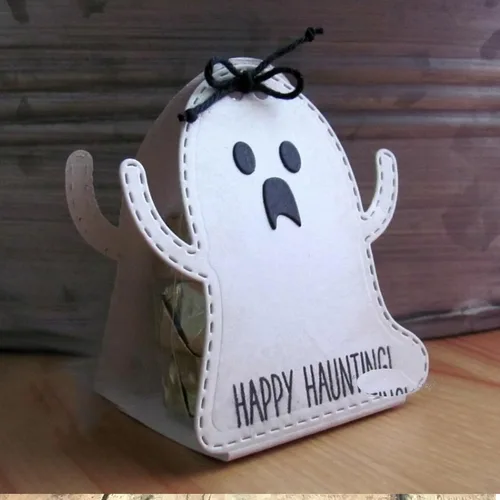 Vista 4 de Caja de Halloween fantasma troquelada de metal, troquelada de calavera fantasma de Feliz Halloween, plantillas de corte para bricolaje, grabado