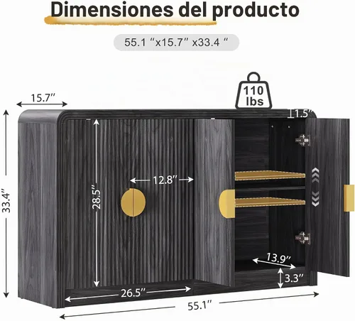 Vista 2 de Decofy Aparador buffet de 55 pulgadas, moderno gabinete de consola de mediados de siglo con estantes ajustables y puertas de grano ondulado
