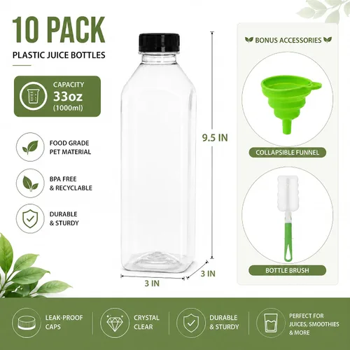 Vista 4 de Cedilis Paquete de 10 botellas de plástico para jugo de 33 onzas con tapa negra, recipientes transparentes reutilizables con tapas, grandes botellas