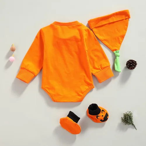 Vista 7 de Yccutest Disfraz de calabaza de Halloween para bebé recién nacido, para niños y niñas, enterizo de calabaza, zapatos, sombrero, 3 piezas, trajes