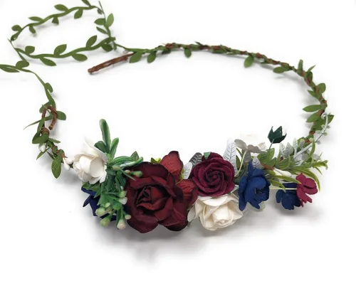 Vista 9 de Corona de flores burdeos marfil diadema de boda adulto diadema halo floral corona de pelo (borgoña y marfil)