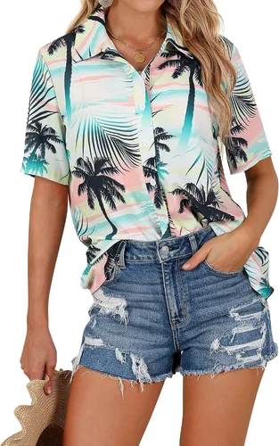 Vista 4 de ZXZY Camisetas de verano para mujer, con estampado floral tropical, manga corta, con botones, Verde