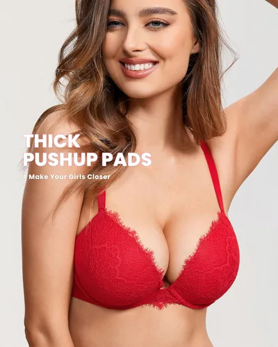 Vista 2 de DOBREVA Brasier push up para mujer, con encaje, cobertura completa, con relleno, con aros, añade 1.5 tazas