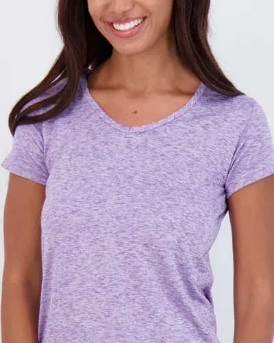 Vista 3 de Paquete de 5unidades camisetas de manga corta para mujer, con cuello en V, tela Dry-Fit que absorbe la humedad, para yoga (disponible en extragrande)