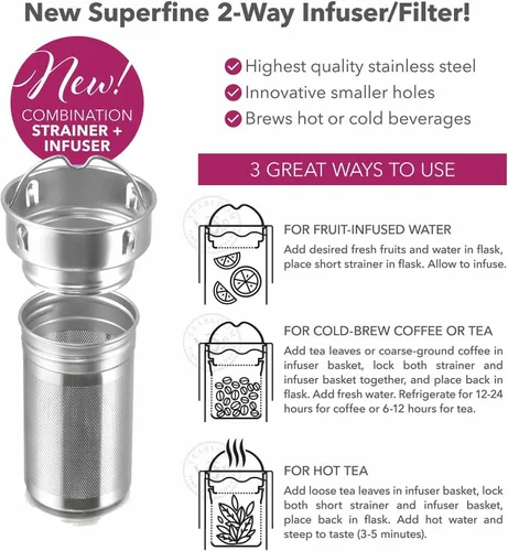 Vista 3 de Teabloom - El vaso y termo de viaje ORIGINAL All-Brew El favorito de OPRAH Botella de agua aislada de 16oz/480ml / frasco de té / taza de café
