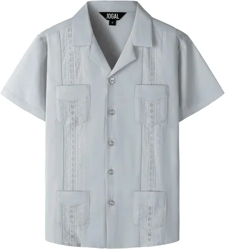 Vista 14 de JOGAL Camisas guayabera cubanas para niños de manga corta con botones, camisa casual de playa Verde militar