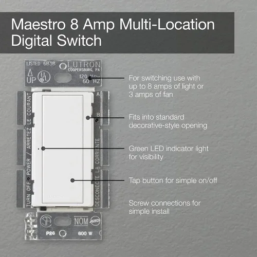 Vista 4 de Lutron Maestro MA-S8AM-WH, interruptor digital, 8 A, un solo polo/ubicación múltiple, color blanco