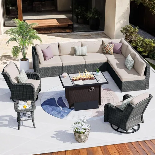 Vista 39 de HOOOWOOO Juego de sofá modular para patio al aire libre, 7 piezas en forma de U, juego de sofá de mimbre rústico para 6 personas, juego de Beige