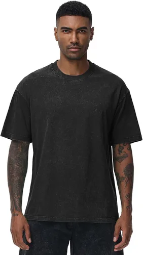 Vista 2 de Camisetas de algodón para hombre, de gran tamaño, unisex, de manga corta, casual, holgada, de lavado, unicolor, básicas A-Negro