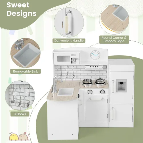 Vista 7 de Costzon Juego de cocina esquinera para niños, juego de cocina de madera 8 en 1 con microondas realista, horno, estufa, refrigerador, campana