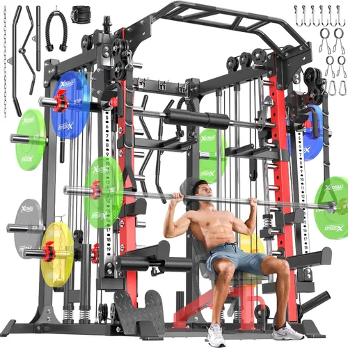 Vista 23 de Máquina Smith con sistema de cruce de cables, jaula de potencia multifunción para sentadillas y rack de potencia para gimnasio en casa, rack de Negro