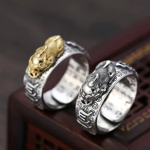 Vista 4 de HJ HUAJ 990 Silver Feng Shui PiXiu Adjustable Ring MANI Mantra Protection Wealth Ring