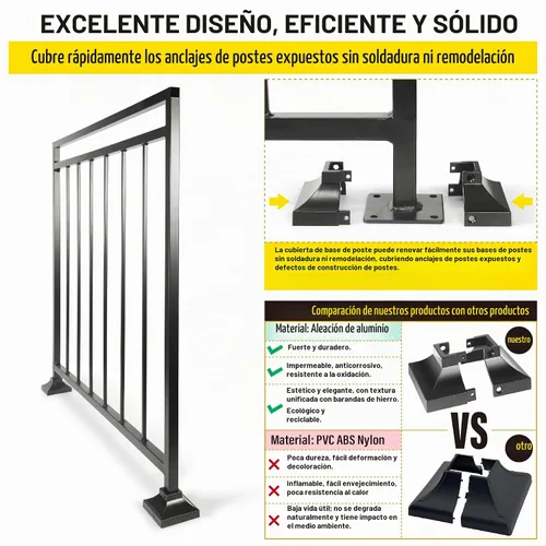 Vista 2 de 1 pieza Base de poste de cubierta de 2,5 cm de aluminio, falda de poste, pasamanos, escalera, base de barandilla de terraza y porche (negro)