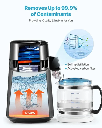 Vista 5 de VEVOR Destilador de Agua de 1750W, Fabricante de Agua Destilada de 0.4 Gal/H con Garrafa de Vidrio, Máquina Destiladora de Encimera de 4L/1.1 Gal