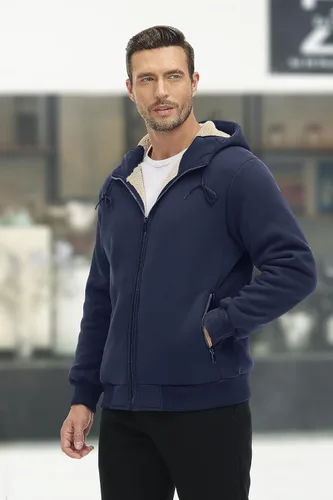 Vista 6 de MAGCOMSEN Chaqueta de forro polar con capucha para hombre, con cremallera completa, cálida, mullida, resistente al viento, abrigos de invierno