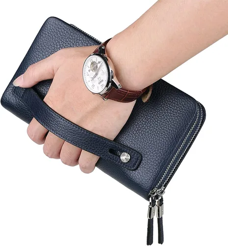 Vista 5 de Carteras de cuero para hombre con doble cremallera, Azul, Cartera de viaje