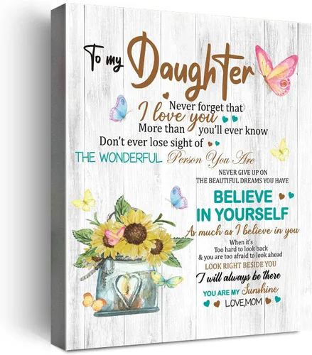 Vista 8 de Wailozco Lienzo colgante con texto en inglés "To My Beautiful Daughter", arte de pared enmarcado para decoración de pared de habitación de hija