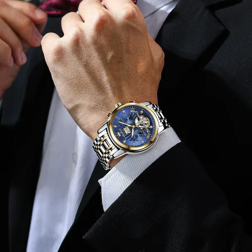 Vista 3 de OLEVS Watches Mens Automatic Self Winding Mechanical Gold Skeleton Fashion Luxury Dress Moon Phase Stainless Steel Tourbillon Mens Wrist Watch Day