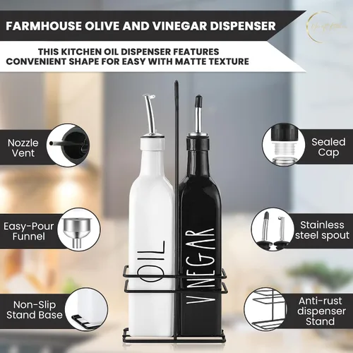 Vista 3 de Dispensador de aceite y vinagre - Dispensador de vinagre y oliva de granja - Dispensador de aceite de oliva chic - Botella blanca y negra