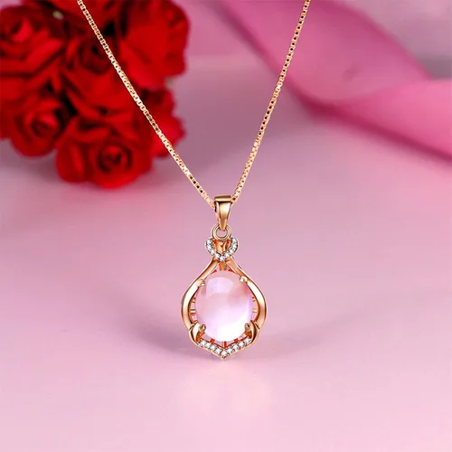 Vista 3 de Collar con colgante de cuarzo rosa, cadena de lágrima de cristal rosa, piedras preciosas naturales curativas chakras, ópalo joyería para mujeres