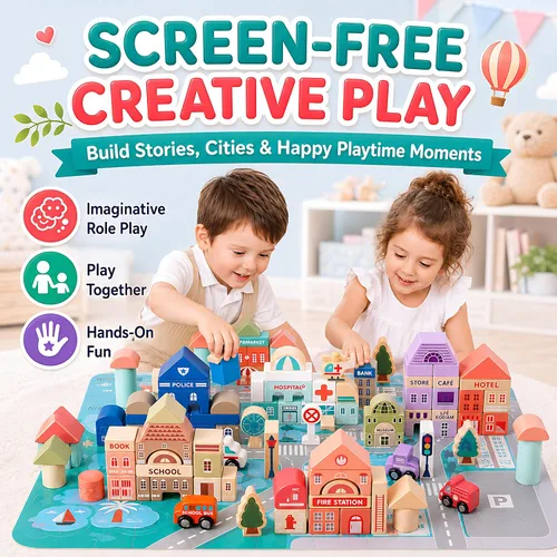 Vista 2 de Juego de bloques de construcción de madera, apilador de construcción de ciudad, juguetes educativos de aprendizaje preescolar, juguetes para niños