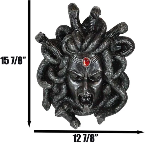 Vista 3 de Ebros Mitología griega Gorgona Diosa Medusa Cabeza con pelo de serpientes y frasco rojo de gema de sangre Decoración de pared Estatua de 16 pulgadas