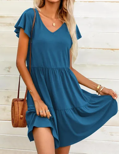 Vista 2 de HOTOUCH Vestido casual escalonado con bolsillos, cuello en V, con volantes, manga casquillo, vestido acampanado