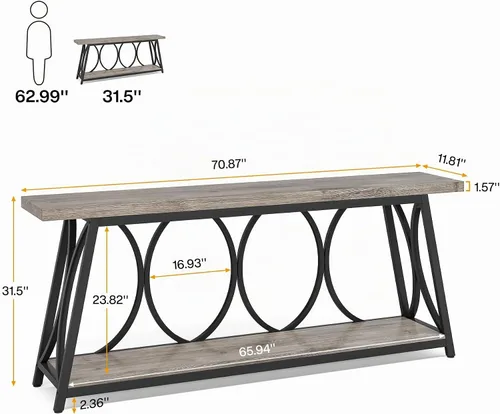 Vista 2 de Tribesigns Mesa consola extra larga de 70.9 pulgadas, mesa de sofá industrial detrás del sofá con estante de almacenamiento de 2 niveles, mesa