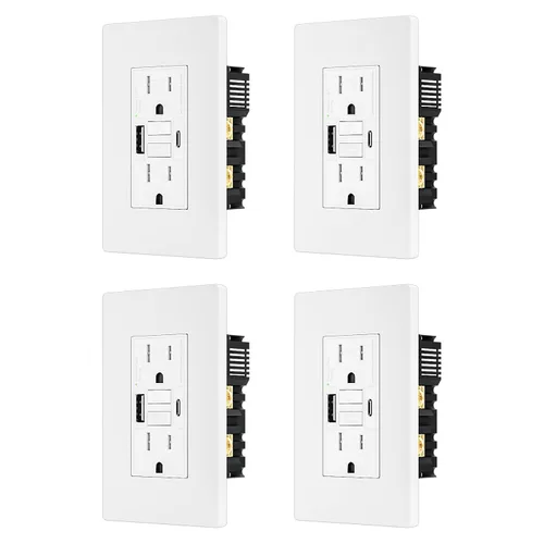 Vista 9 de Toma GFCI de 15 amperios con puertos de carga USB de 4.8 A/24 W tipo A y tipo C, autocomprobación, indicador LED, resistente a manipulaciones