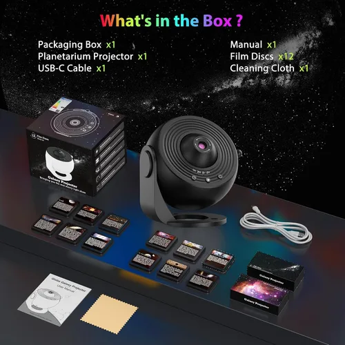 Vista 7 de Proyector de galaxia para dormitorio, proyector de estrellas de imagen HD, perilla ajustable de luz de galaxia, 13 discos de película, proyector