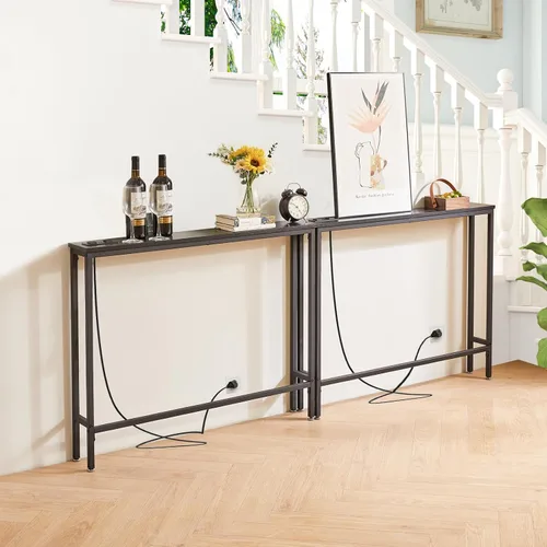 Vista 9 de IBUYKE Paquete de 2 mesas de consola angostas largas con tomas de corriente, puertos USB, mesa de entrada industrial de madera con estación de carga